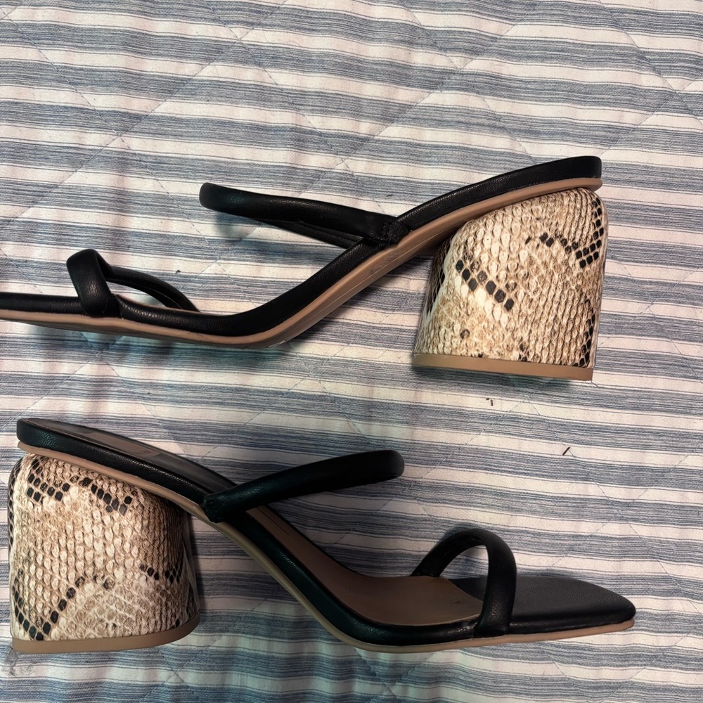 Dolce Vita Black and Tan Croc Heeled Sandals